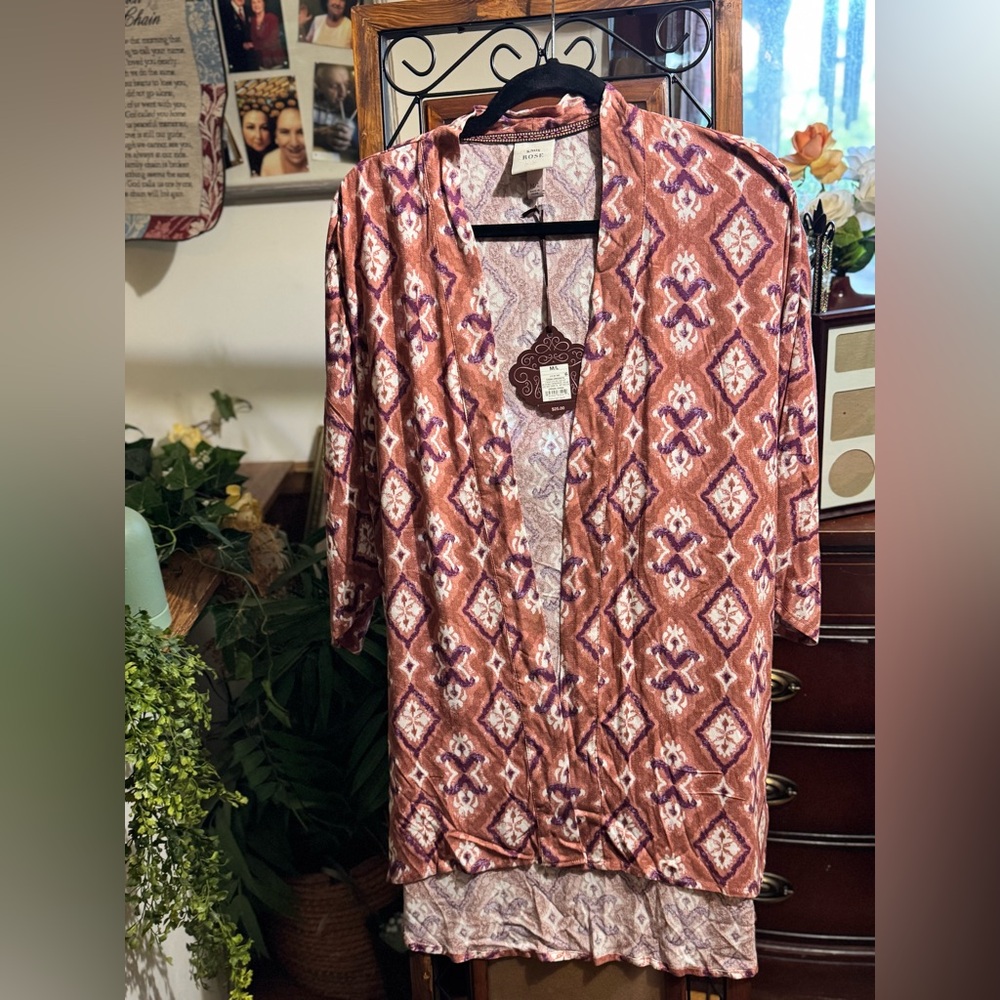 Knox Rose Open Front Cardigan in Rust and Purple Ikat Print